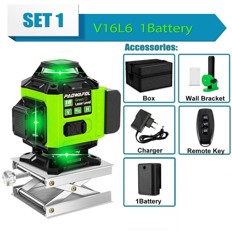Controle remoto sem fio autonivelante com nível de laser verde 4D de 16 linhas com bateria - My Store